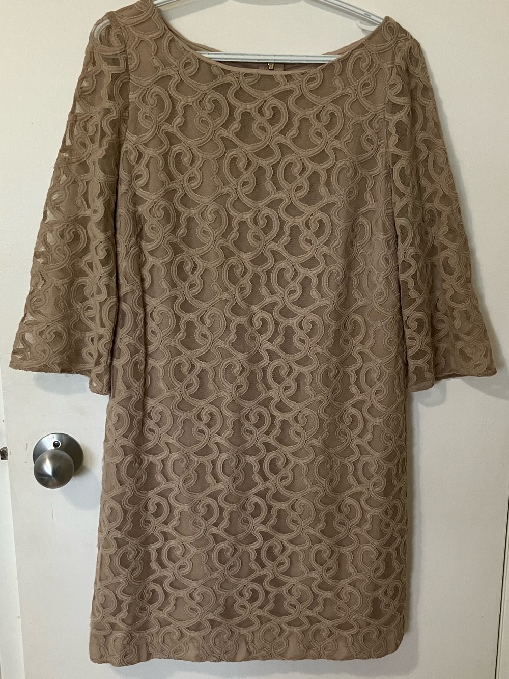 Nine West Tan Lace Shift Dress with Three-Quarter Sleeves